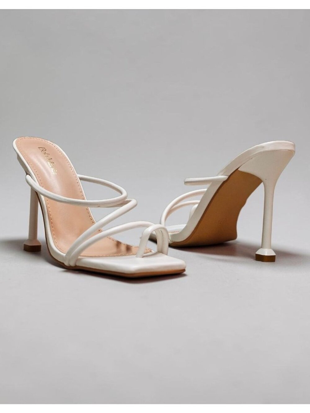 Strappy White High Heel Mules With Square Toe & Slim Stiletto Heels For Women